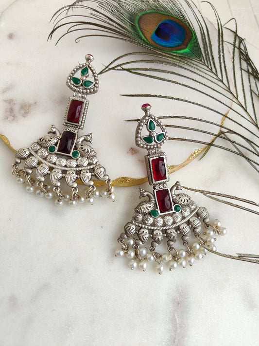 Red and Green Vibha Oxidized Earrings