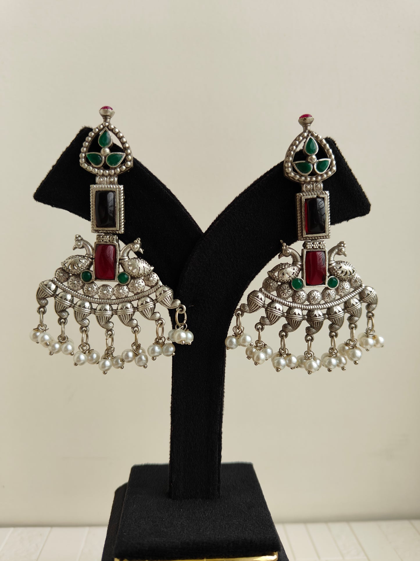 Red and Green Vibha Oxidized Earrings