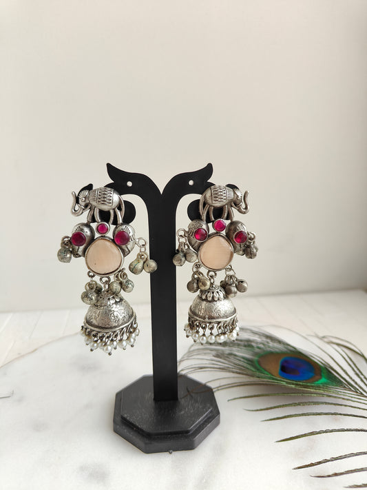 Peach and Pink Anvi oxidized jhumka