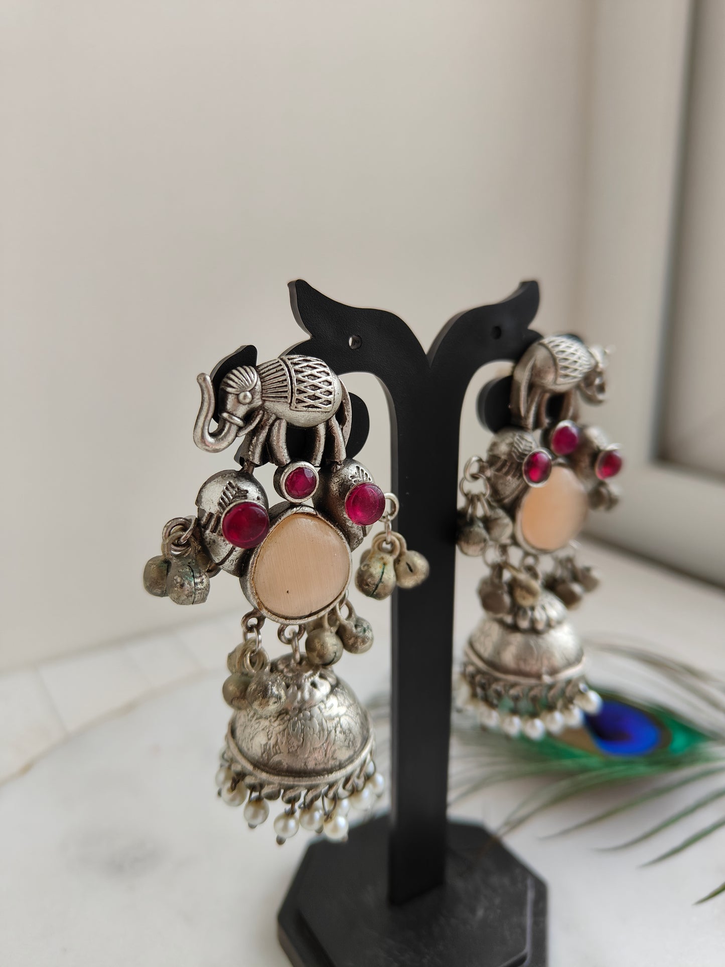 Peach and Pink Anvi oxidized jhumka