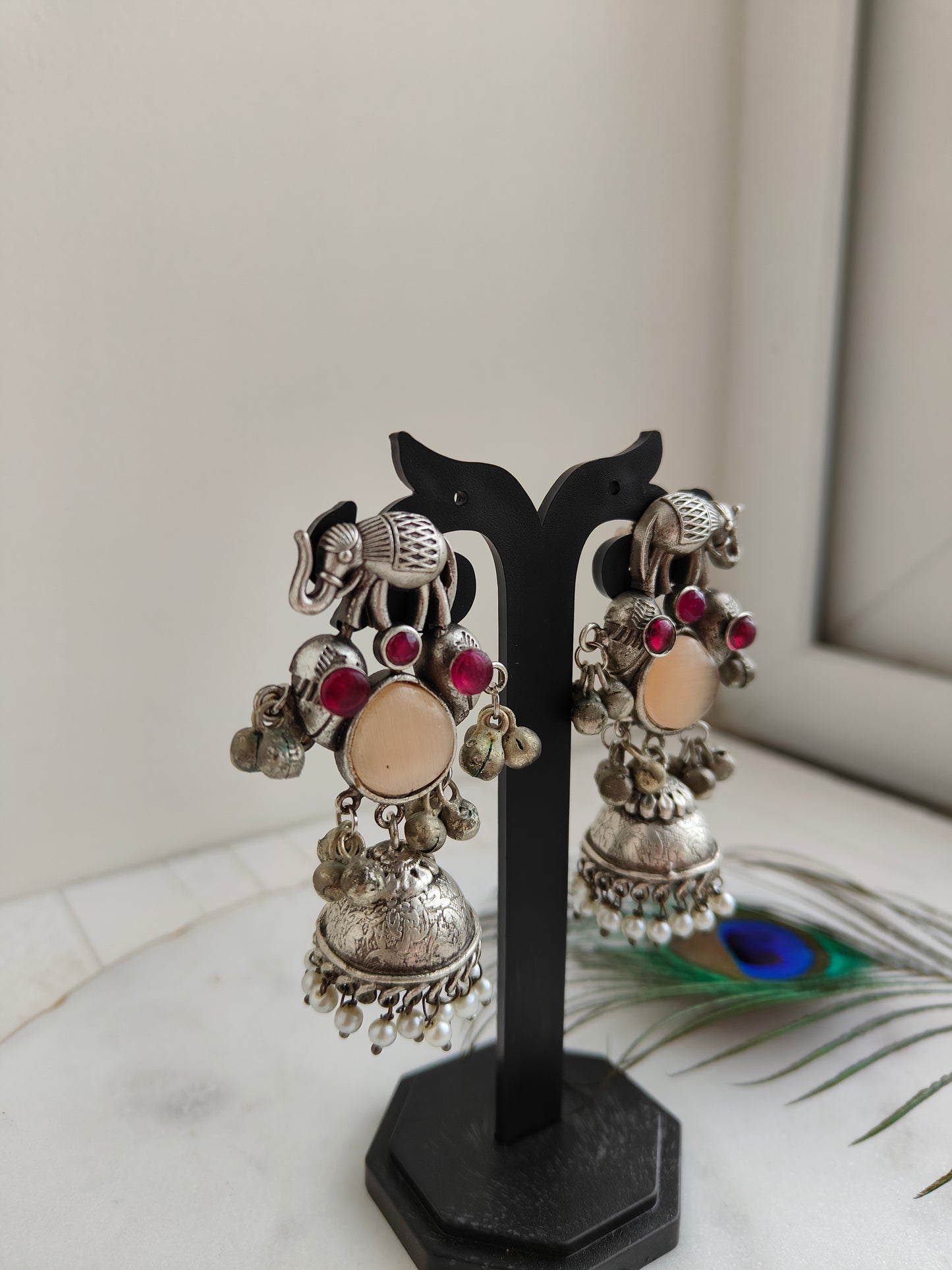 Peach and Pink Anvi oxidized jhumka