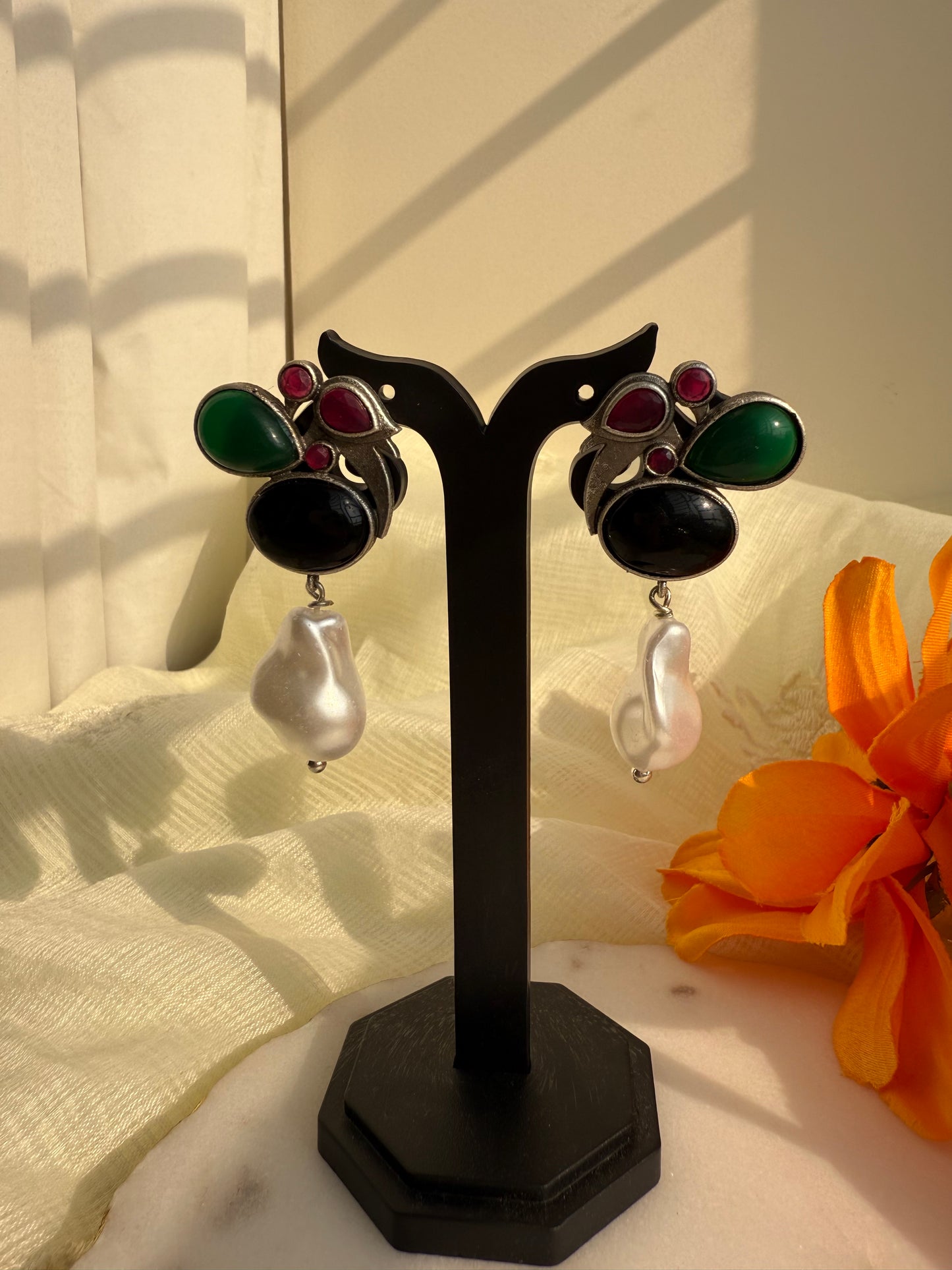 Pink and black Pearl drop earring