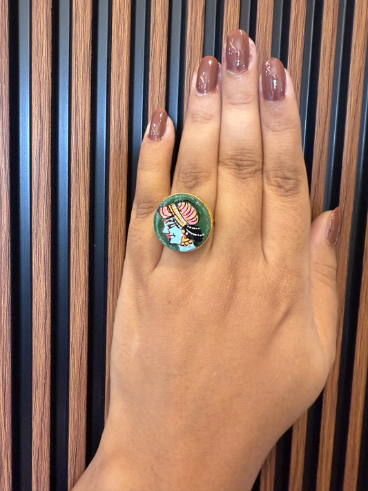 Green Kanha tanjore Finger Ring