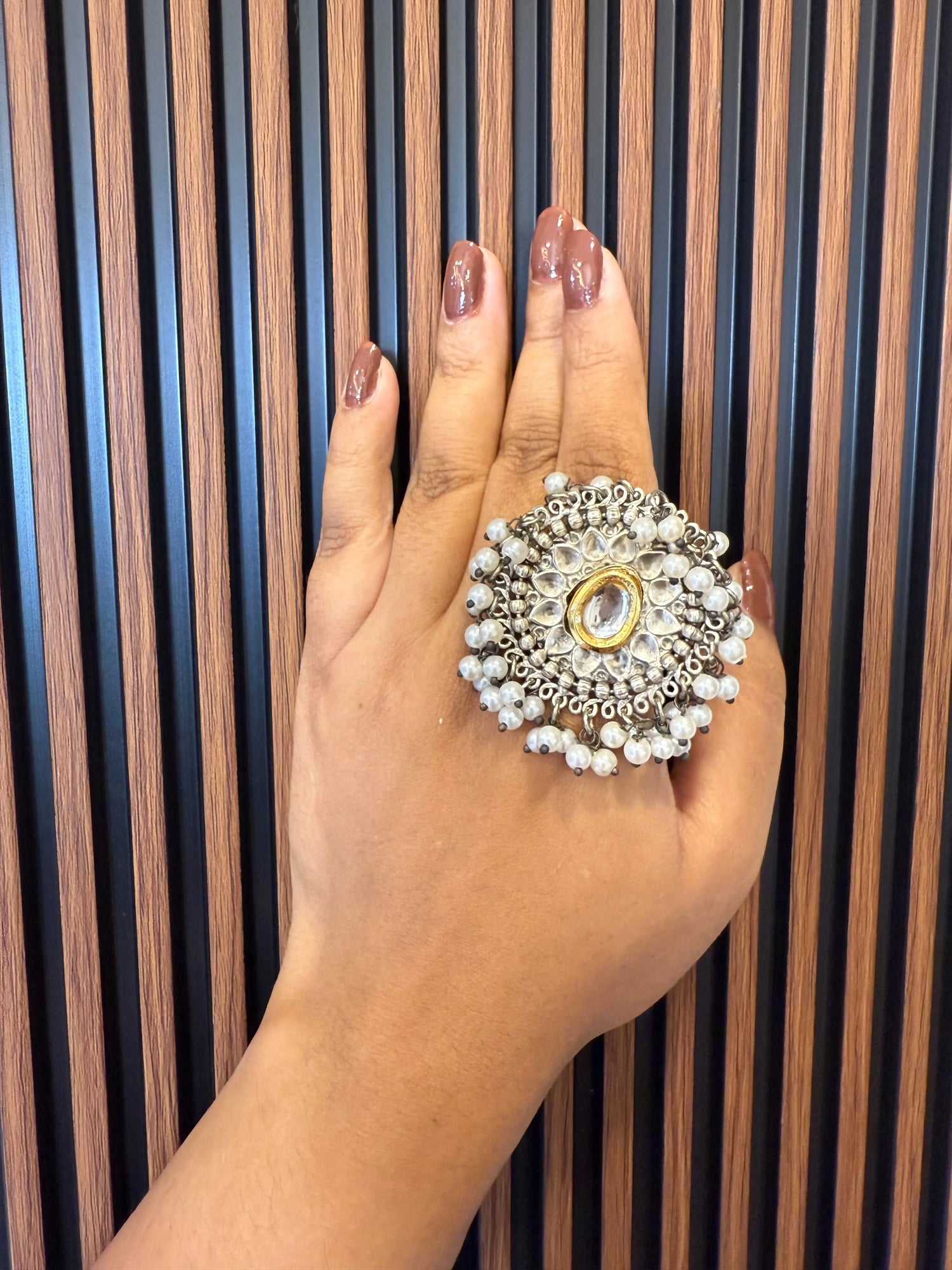 Oxidized finger ring with pearls and kundans KH