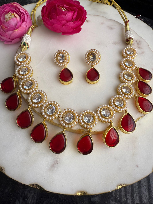 Maroon Polki and pearl necklace set