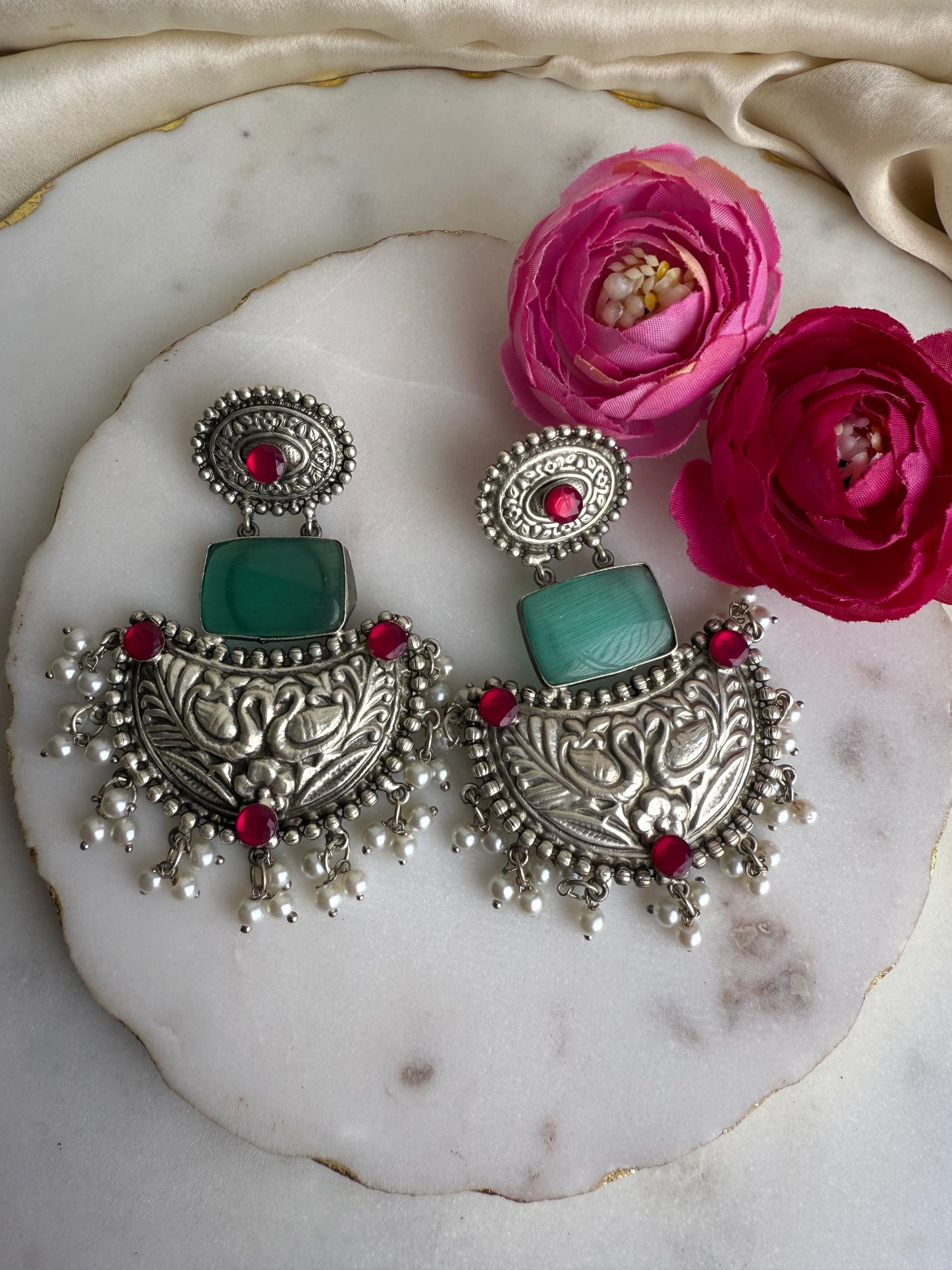 Green and pink oxidized earrings