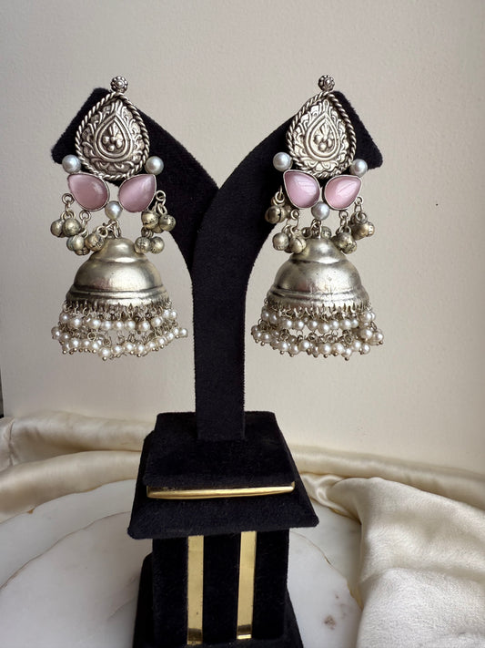 Pink oxidized jhumka earring