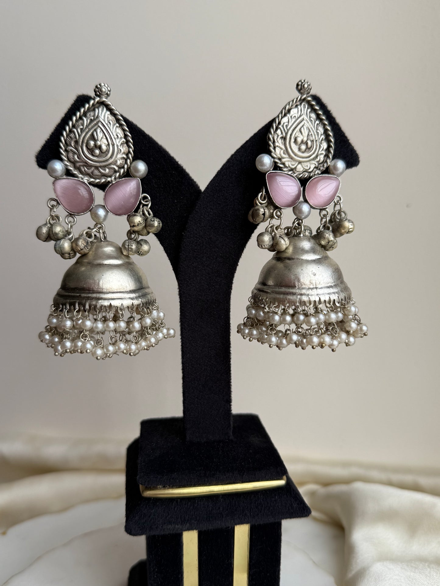 Pink oxidized jhumka earring