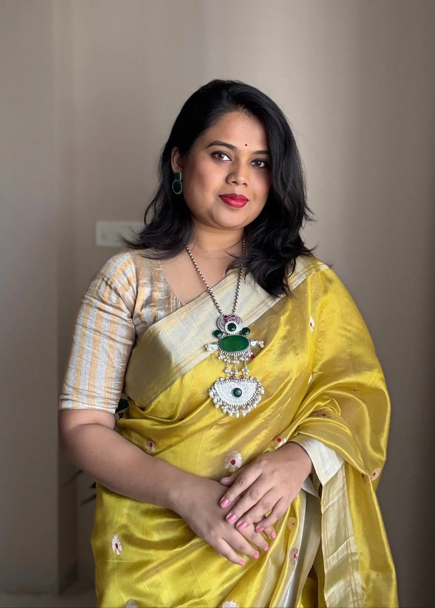 Niharika Silver Tone long Necklace set KH