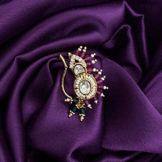 maharashtrian nath - kundan diamonds and pearls - pink stones - wedding and festive wear