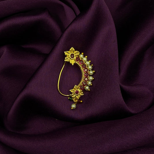 maharashtrian nath - kundan and pearls - pink stones - wedding and festive wear - karvari nath